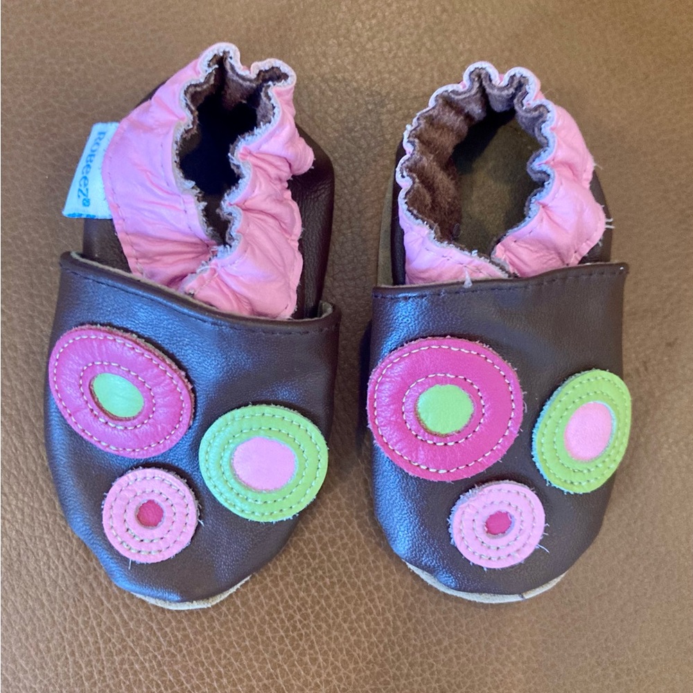 Robeez Brown and Pink Kids Slippers with Colorful Circles